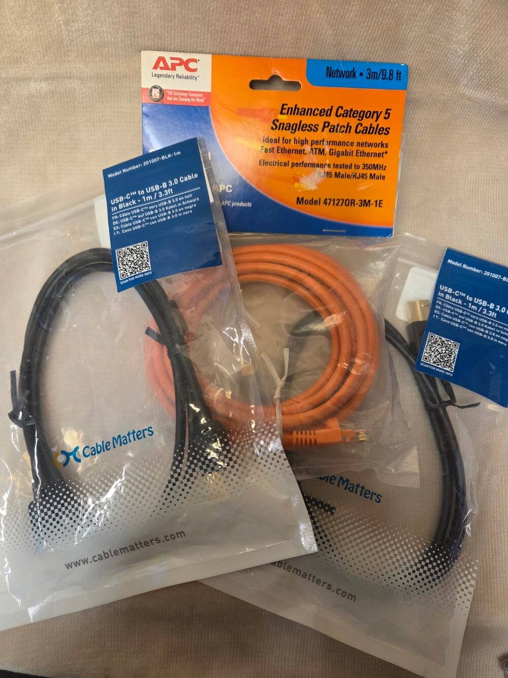 3 Cable Bundle: USB-C to USB-B 3.0 (x2) + APC Cat5e Ethernet 3m Cable New